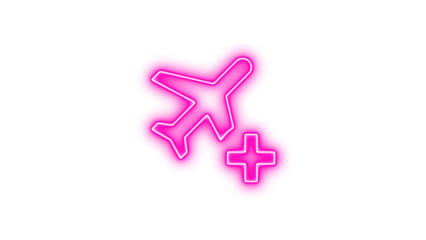 Obraz premium Neon airplane icon with a plus sign, symbolizing travel or aviation services, Neon airplane plus icon glow with transparent background