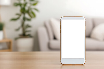 Smartphone mockup on table, interior background. Showcase your app design with ease. Minimalist and modern setting, ideal for digital marketing.