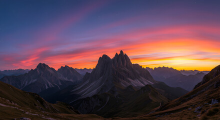 Majestic Mountain Range At Twilight Under a Colorful Celestial Canvas