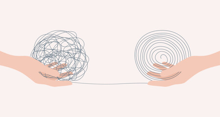 Two human hands holding tangled and untangled connected balls. Flat vector illustration