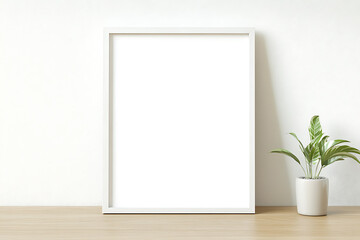 Modern Minimalist Mockup: A blank white frame stands on a wooden surface next to a potted plant against a white wall. Perfect for displaying artwork.