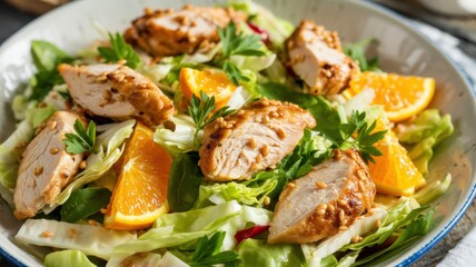 Chicken salad with orange and sesame dressing. Green cabbage, juicy orange slices, and tender chicken pieces. The salad is decorated with fresh parsley leaves.