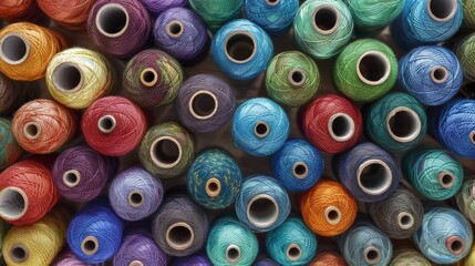 Fototapeta premium Vibrant background of colorful wool balls for knitting, showcasing a pattern of rich hues