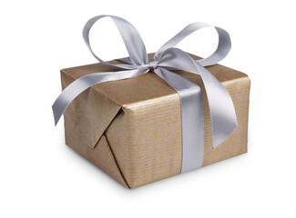 Gift box wrapped with golden paper and silver satin ribbon, isolated on white background. Modern present for any holiday, christmas, valentine or birthday