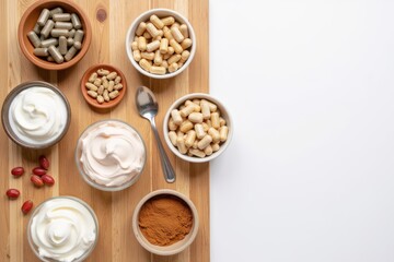 Fototapeta premium flat lay of assorted probiotic capsules and yogurt in small bowls placed neatly on a wooden table, with clean white space on one side for graphic overlay.