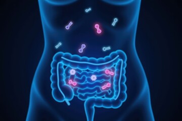 a conceptual image of floating good bacteria icons over a person's midsection showing a healthy gut, glowing blue hues with dark fade edges and visual balance.