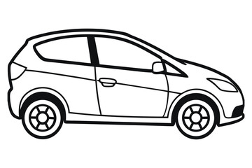 This is a black and white line art drawing of a small hatchback car.