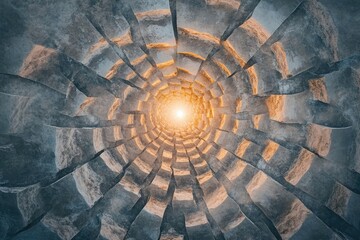 Fototapeta premium A spiraling stone tunnel leads to a bright light, creating a mesmerizing and awe-inspiring visual.