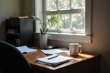 natural daylight illuminates an office corner showing a messy workspace&acirc;&euro;&rdquo;documents halfway falling, a bright monitor, and a coffee mug in mid use, all in realistic tones.