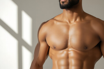 Obraz premium Muscular Physique: A striking view of a man's chiseled torso, showcasing strength and definition against a neutral backdrop with light and shadow interplay.