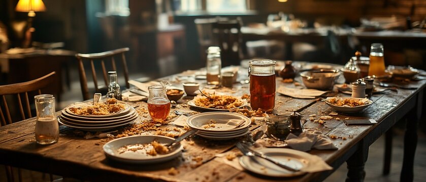 Messy wood table covered in dirty dishes, glasses, crumbs, and clutter