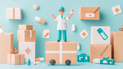 Healthcare Concept: Medicine delivery by a doctor using moving box, ideal for advertisement, web, mobile app and print