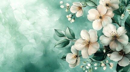 there is a painting of a bunch of white flowers on a green background