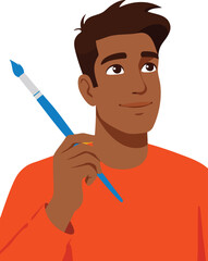 Man holding paintbrush in orange shirt thinking creatively in portrait vector illustration 