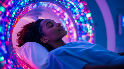 Medical procedure portrait: Woman in scanner device for health scan