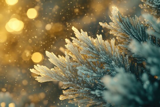 Close-up of a snow-covered pine branch with golden bokeh background, magical winter scene. - Powered by Adobe