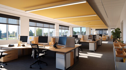 Open workspace defined by square modular desks and overhead grid lighting The clean lines and geometric shapes foster a sense of order and productivity