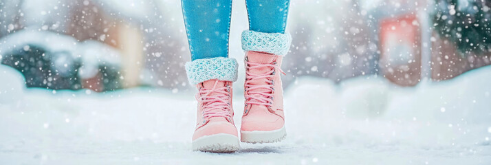 Winter fashion: pink boot on snowy ground during snowfall season, seasonal card.