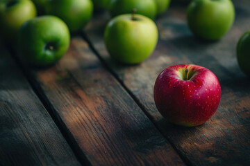 Red apple standing out among green apples on rustic wooden table
