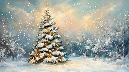 Winter wonderland scene with decorated Christmas tree.