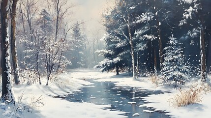 Winter landscape painting of a snowy forest stream.
