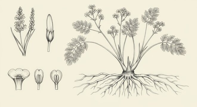 Botanical study, detailed illustration of arrowroot plant with root system
