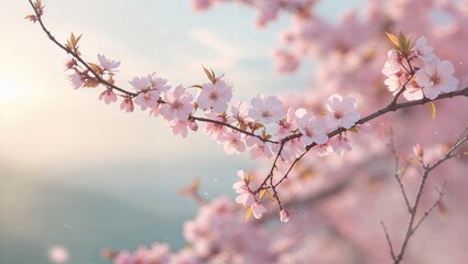 Obraz premium Cherry blossoms bloom in spring sunlight creating a serene atmosphere in a picturesque landscape