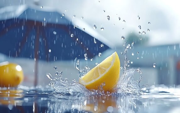 Lemon slice splashing in water under rain