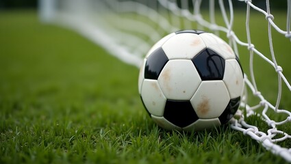 Classic Soccer Ball in Goal on Green Field

