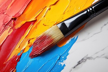 Fototapeta premium A paintbrush rests on a vibrant canvas of red, orange, and blue, showcasing the artist's creative process.