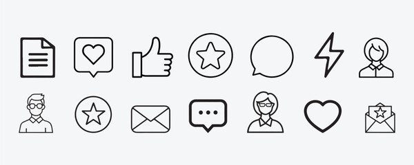 Social Media Interaction Icon Set of Thumbs Up, Heart, Comment, Share, Follow in Line Vector Style on White Background