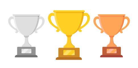 Trophy cup vector icon set. Gold silver and bronze award in flat style for competition. Winner symbol illustration