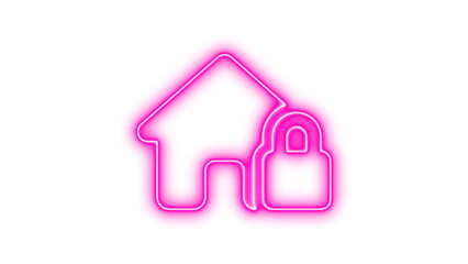 Neon outline of a house with a padlock symbol, representing home security, Neon house lock icon glow with transparent background