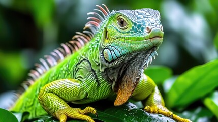 Fototapeta premium Vibrant green iguana perched atop lush foliage
