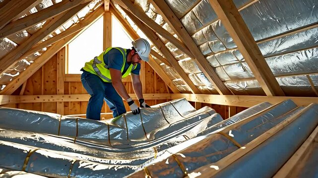 Construction Worker Installing Reflective Insulation in Wooden Attic Under Roof Framework