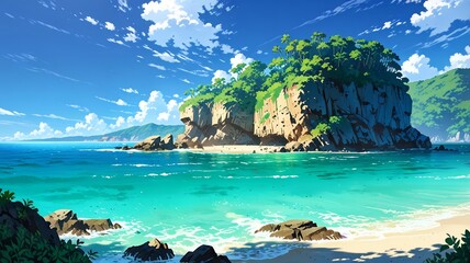 Obraz premium Vibrant Digital Illustration of Tropical Beach with Turquoise Waters