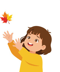 Child playing with colorful autumn leaves in yellow sweater joyful outdoor activity vector illustration 