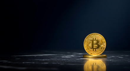 Golden Bitcoin Cryptocurrency Coin on Reflective Surface with Dark Background Highlighting Digital Finance