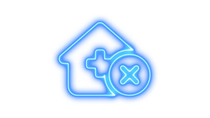Neon icon of a house with a medical cross and a cancel symbol, Neon house medical circle x mark icon glow with transparent background