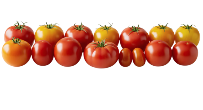 Arrangement of tomatoes of various sizes and shades of red and yellow hues in a row formation isolated on transparent background