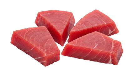 A close up view of four triangular cuts of raw tuna arranged together in a cluster formation isolated on transparent background
