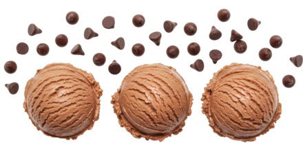 Three scoops of chocolate ice cream with chocolate chips scattered above them in a row formation isolated on transparent background