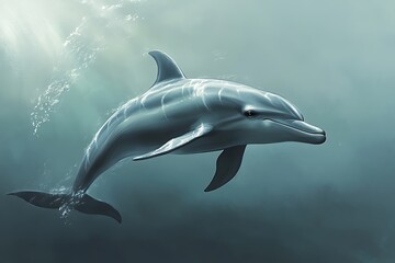 Naklejka premium A single dolphin swimming gracefully in the ocean with sunlight filtering through the water surface