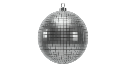 Isolated disco ball with mirrored tiles reflecting, hanging by a metal loop, against a plain setting isolated on transparent background