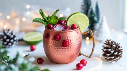 Non-alcoholic cocktail "Cranberry mule" in a copper mug filled with ice, red cranberry juice, sparkling bubbles of ginger beer, garnished with cranberries, lime slices and mint leaves.