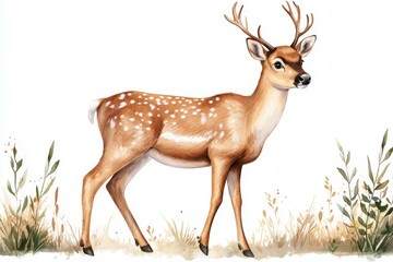 Deer with antlers is walking through a field of grass