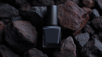 Black nail polish bottle lying on a pile of rocks. the bottle is cylindrical in shape with a black cap and a transparent body. the rocks are dark brown in color and appear to be rough and uneven.