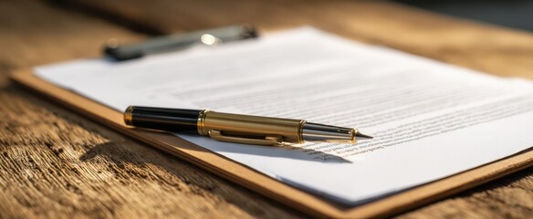 The clipboard with a pen and document on a rustic wooden background.