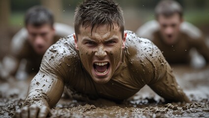 Intense Mud Obstacle Course with Focused Male Athlete