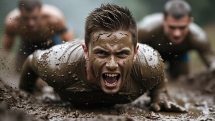 Intense Mud Obstacle Course with Focused Male Athlete

